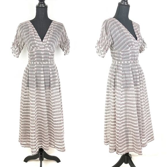 Vintage 50s Dress Sheer Organdy Swiss Dot V Neck Fit and Flare - Picture 1 of 11